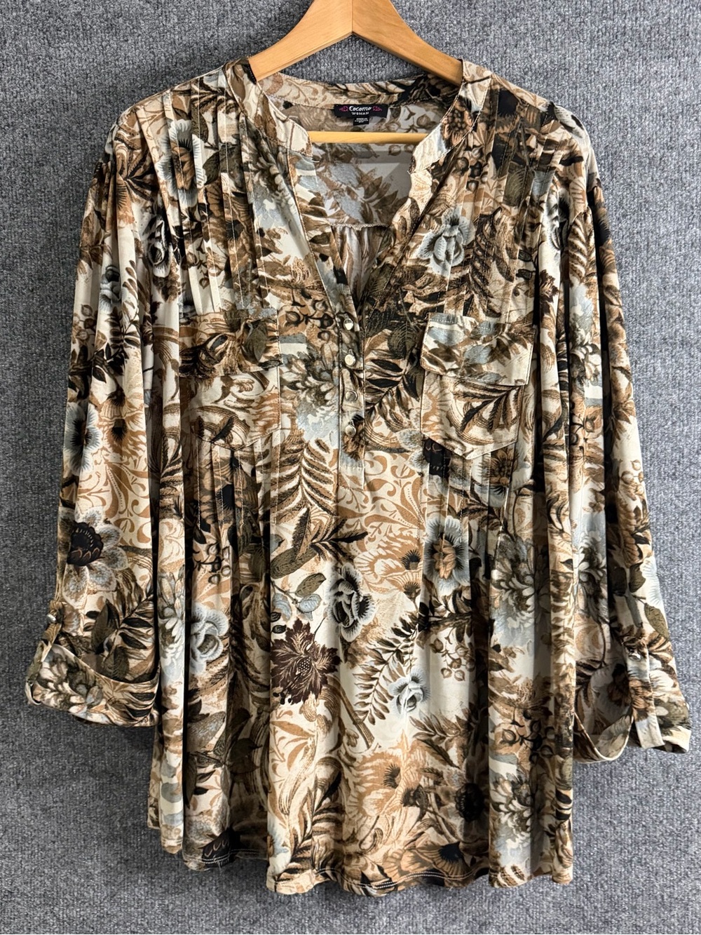 Cocomo Womens 3X Beige Brown Blue Floral Roll Tab Sleeve Tunic Top Office
